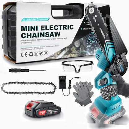 Compact cordless electric chainsaw with 6-inch chain, two batteries, safety goggles, gloves, and accessories in storage box