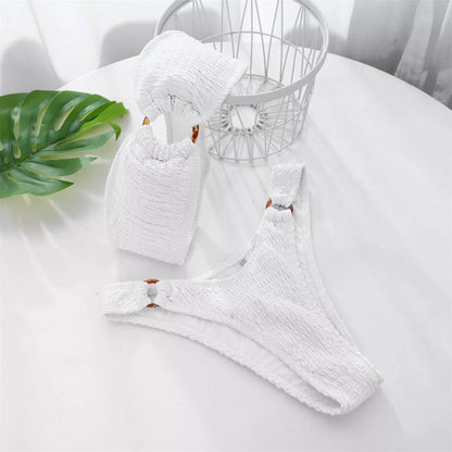 White nylon bikini for women with removable chest pad, available in sizes S, M, L