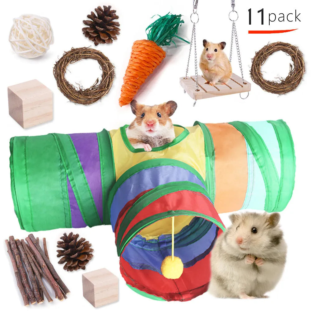 Assortment of wooden and natural fibre chew toys for small pets including balls, rings and woven shapes.