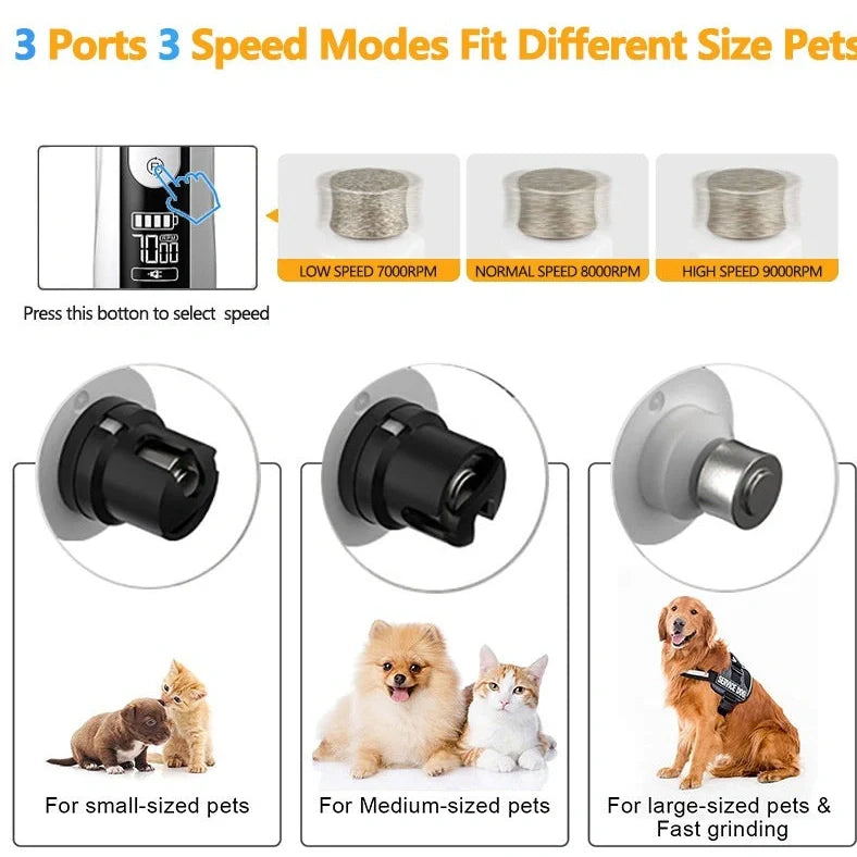 Electric dog nail trimmer device with LED display showing speed settings and dust collection system