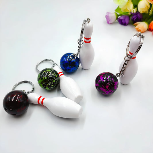 Mini simulation sports bowling pin keychain pendant in blue PVC metal