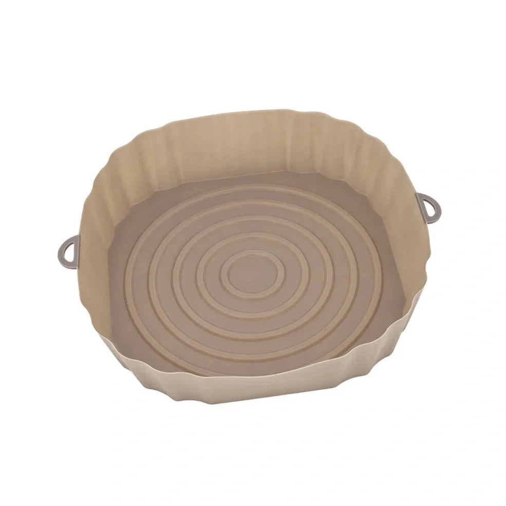 Silicone air fryer basket liner in light grey colour showing 4.5cm depth and flexible design for round air fryers