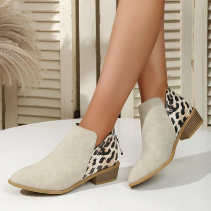 Women's leopard print boots with pointed toe and chunky heel in various colors