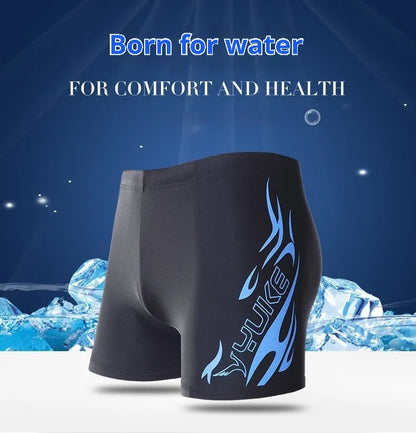 Men's plus-size swimming trunks with fire pattern design in boxer brief style for weights 45kg to 100kg