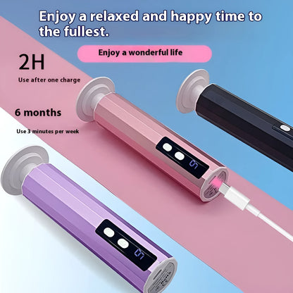 USB-powered electric callus remover and foot file device with grinding pads, in black, pink, or purple, presented in a gift box.