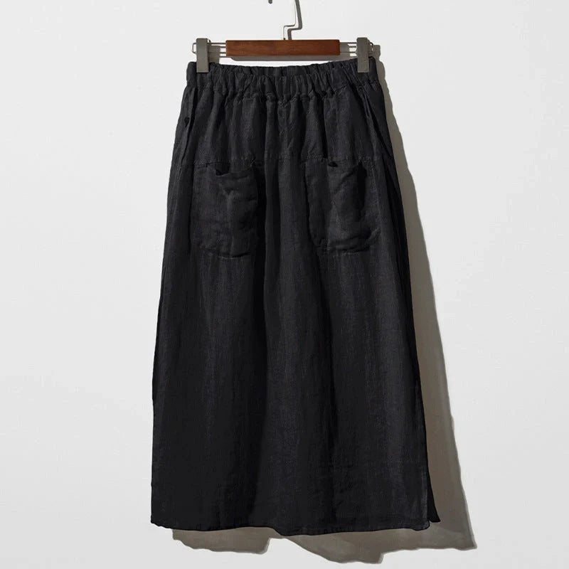 Elegant linen wide-leg culottes with double pockets in hemp and black colors