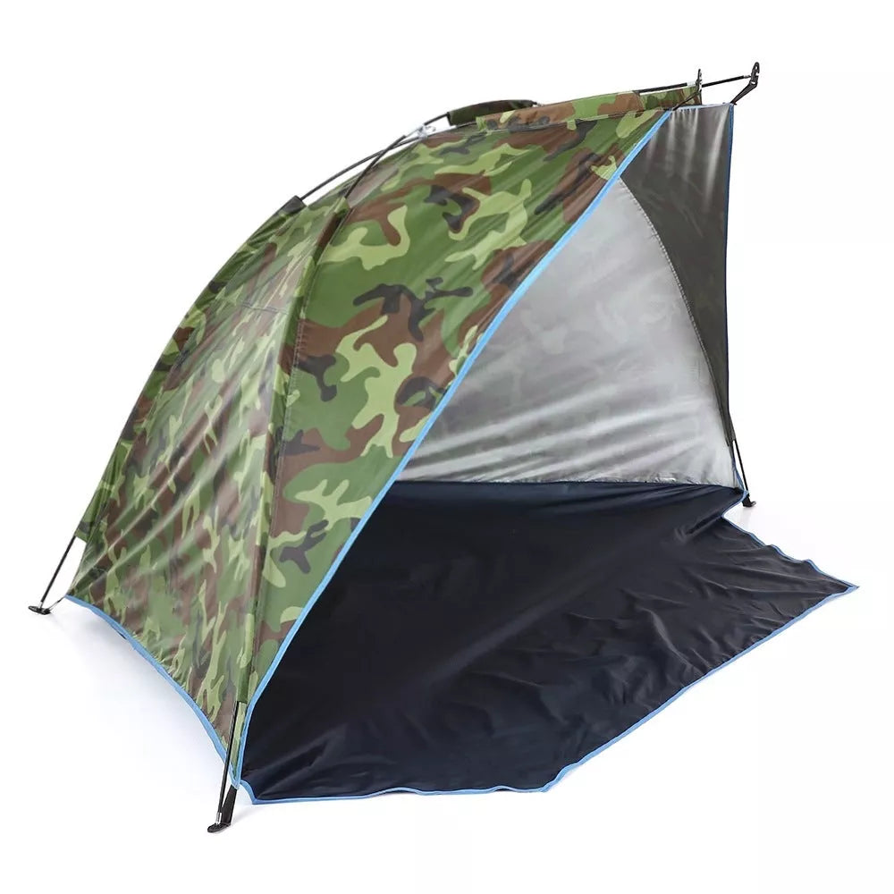 Easy Camping Tent with Outdoor Sun Shade in green, blue, and camouflage colors