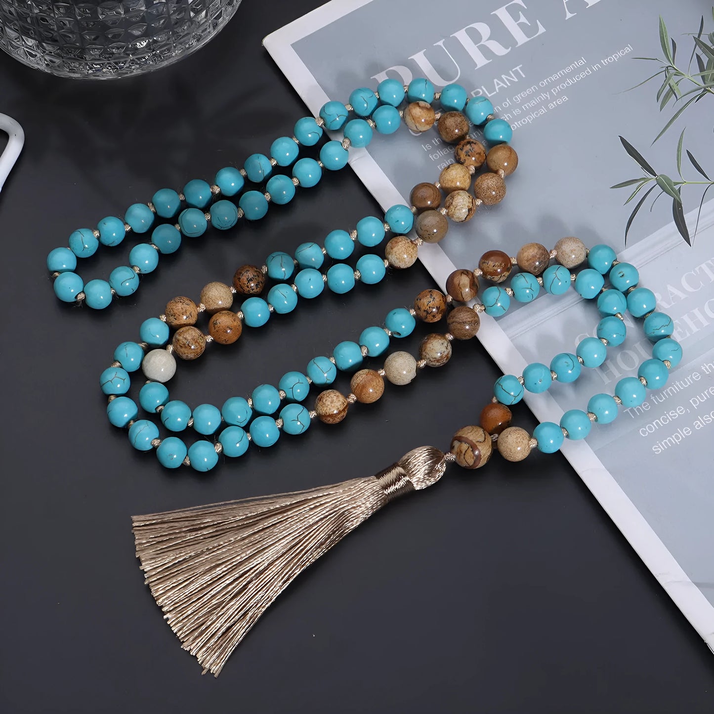 Handmade vintage turquoise painted stone geometric mala necklace with 81cm ball bead chain