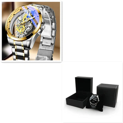 Men's skeleton automatic quartz watch with gold finish and mineral glass face