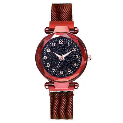 Luminous starry sky quartz watch with 20.5mm round dial, alloy strap, and stainless steel watch-bottom in five colours