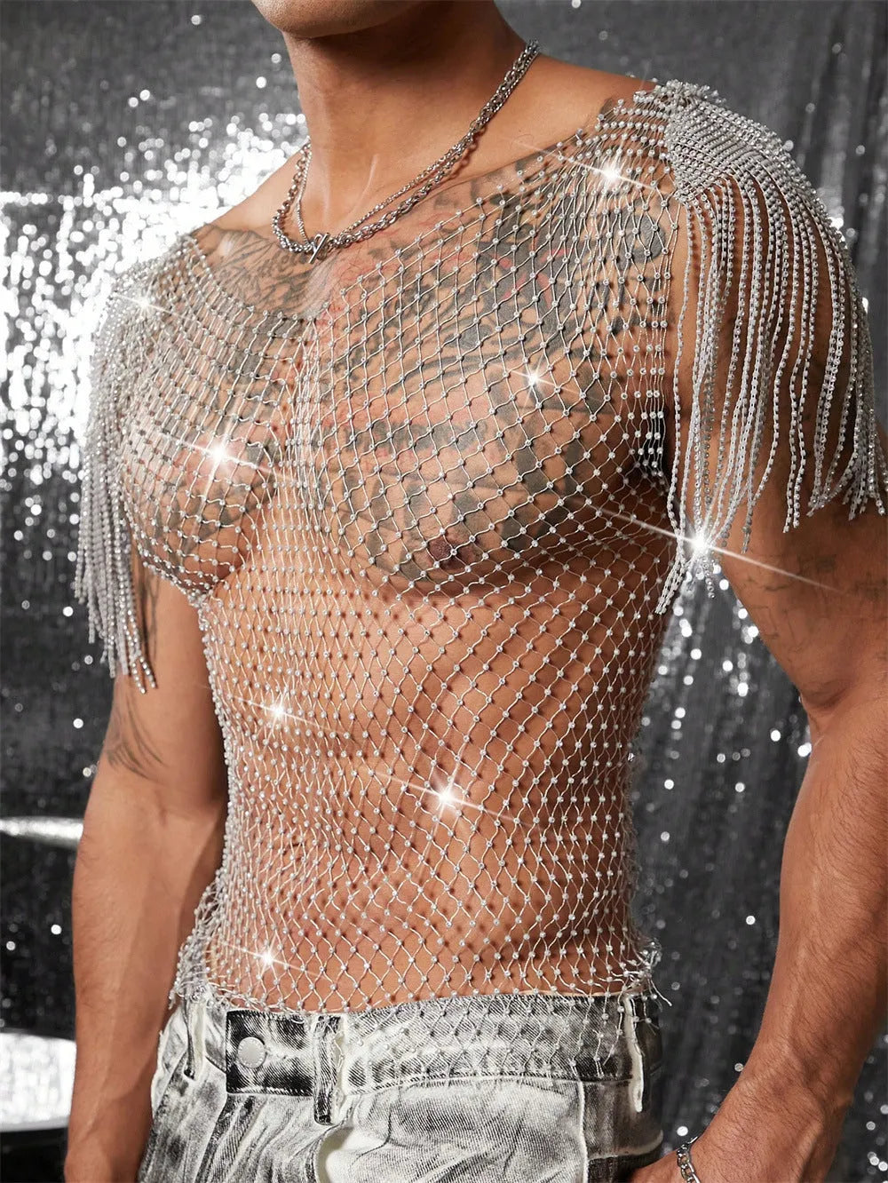 Grid rhinestone fishnet vest in dyed silver see-through nylon, loose fit, sizes S to XL