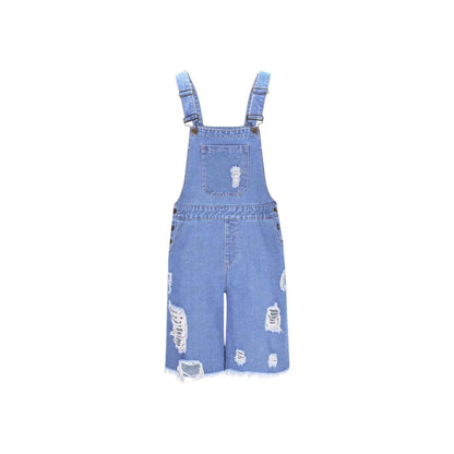 Men's dark blue denim suspender shorts with a straight leg and mid-waist fit on a hanger.