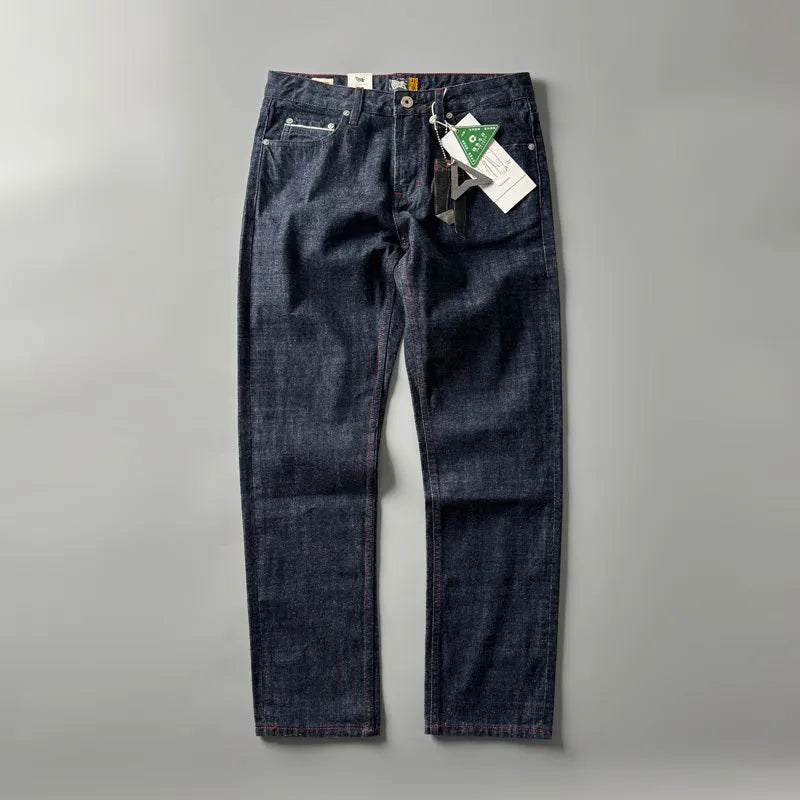 Men's straight-leg denim trousers in primary colour with mid-waist design and 100% cotton fabric