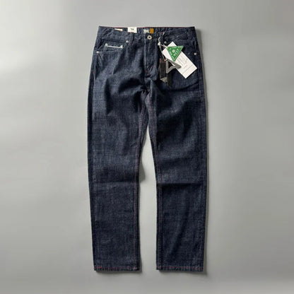 Men's straight-leg denim trousers in primary colour with mid-waist design and 100% cotton fabric