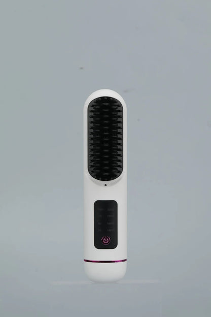 White USB-C rechargeable negative ion hair comb on a wooden table next to its charging cable.