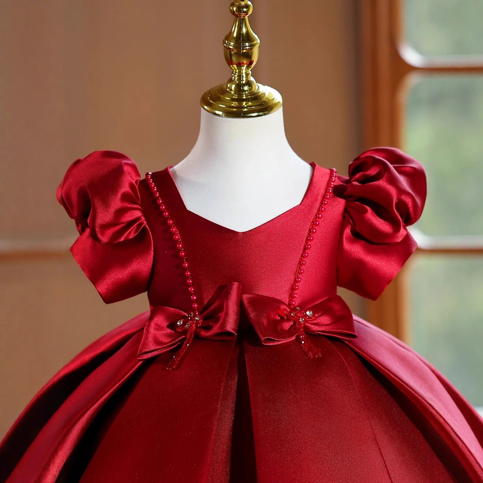 Wine red polyester girls' evening dress with princess design elements for birthday parties