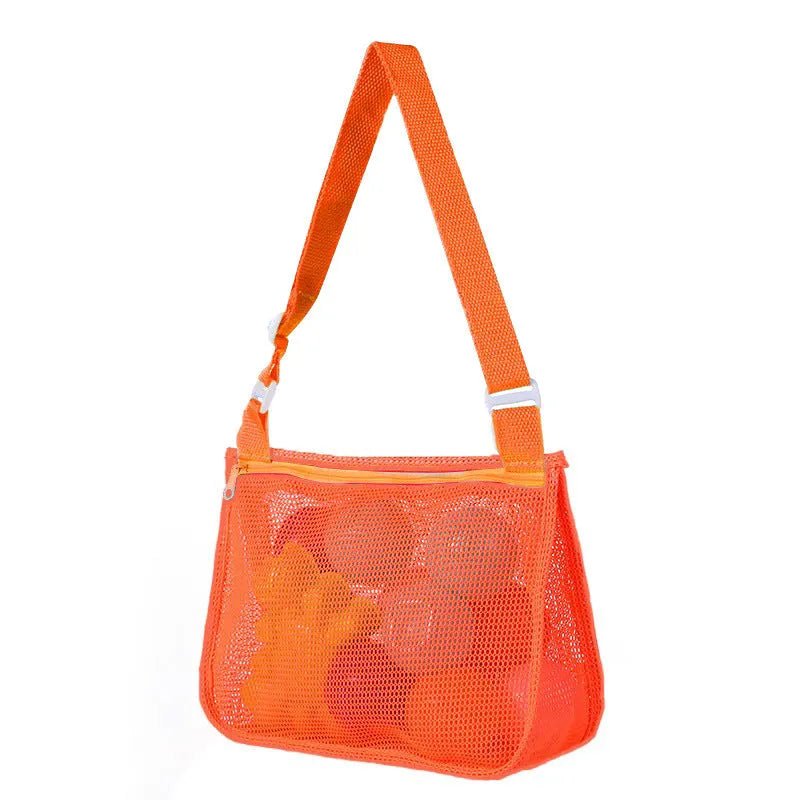 Blue children's travel storage organiser bag with nylon mesh construction and shoulder strap