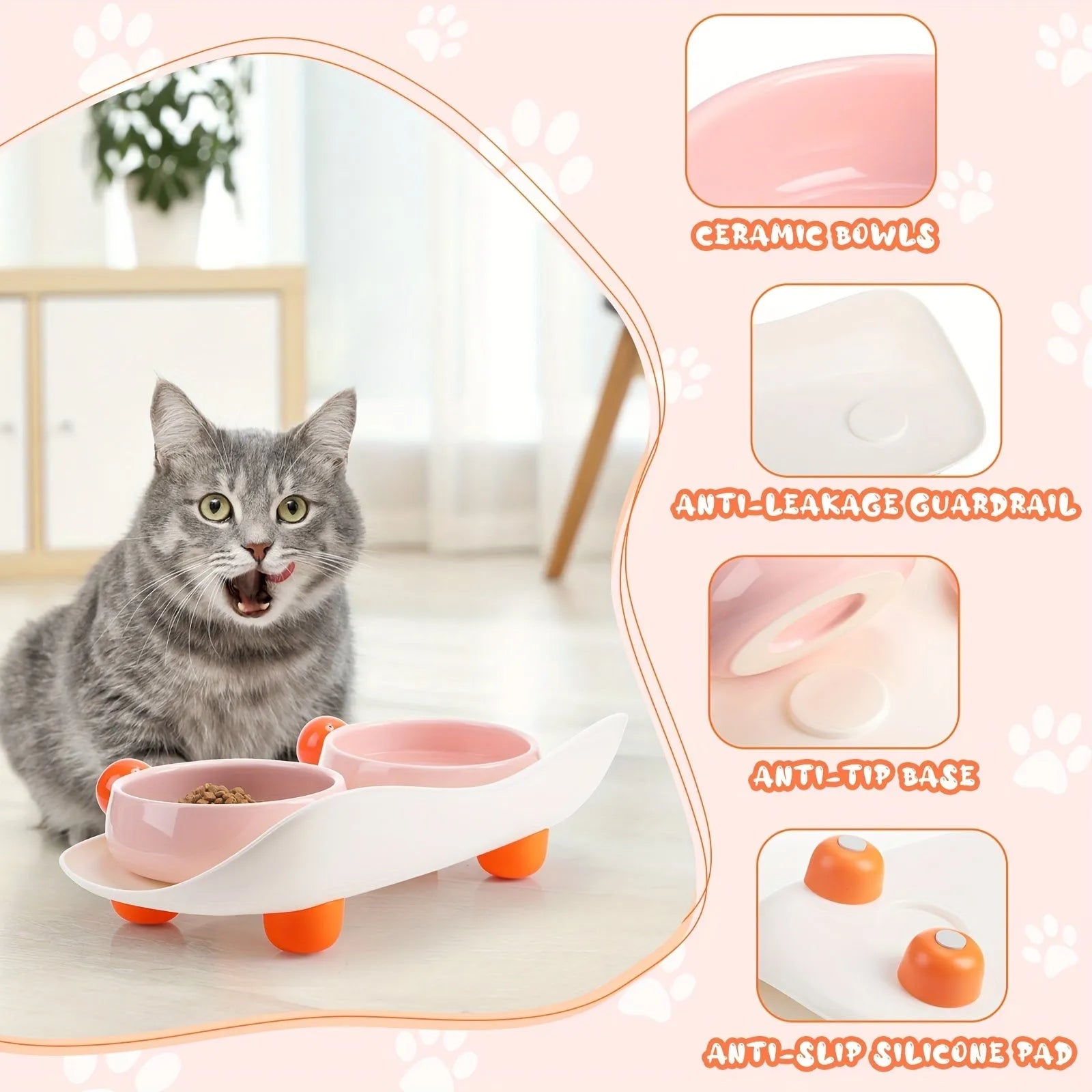 Ceramic raised pet bowl set with two bowls and non-slip base in pink, yellow and pink-yellow colours