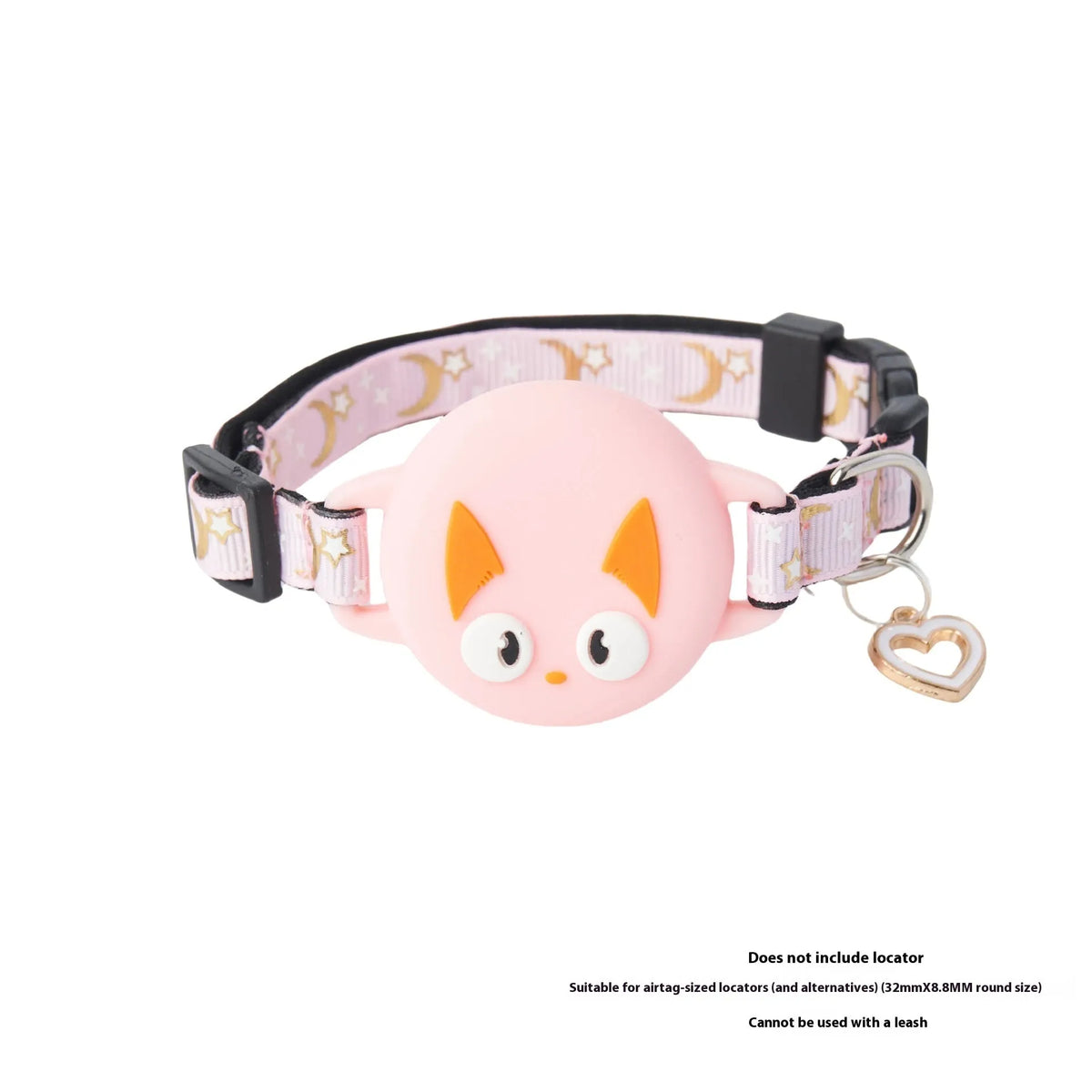 Adjustable cat collar with AirTag protective case in colour-matched design showing sizing options