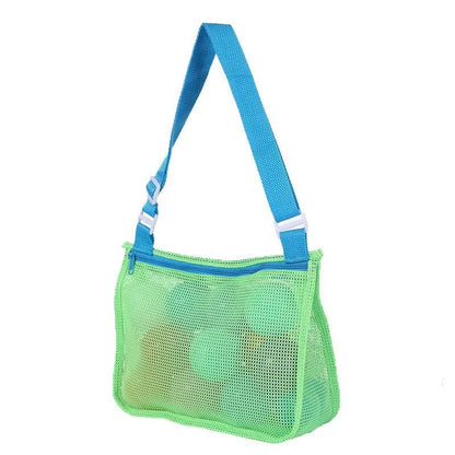 Blue children's travel storage organiser bag with nylon mesh construction and shoulder strap
