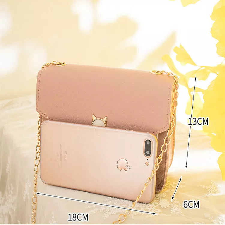 Small square messenger bag with cat tassel decoration and adjustable chain strap