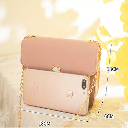 Small square messenger bag with cat tassel decoration and adjustable chain strap