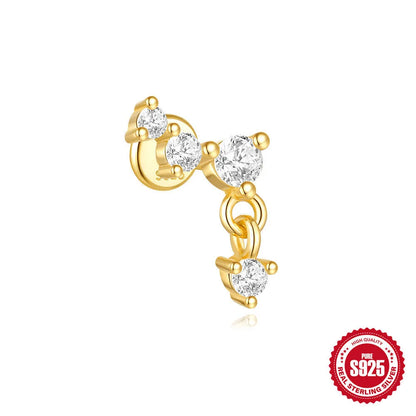 S925 sterling silver moon and star earrings with embedded diamond accents on a geometric design