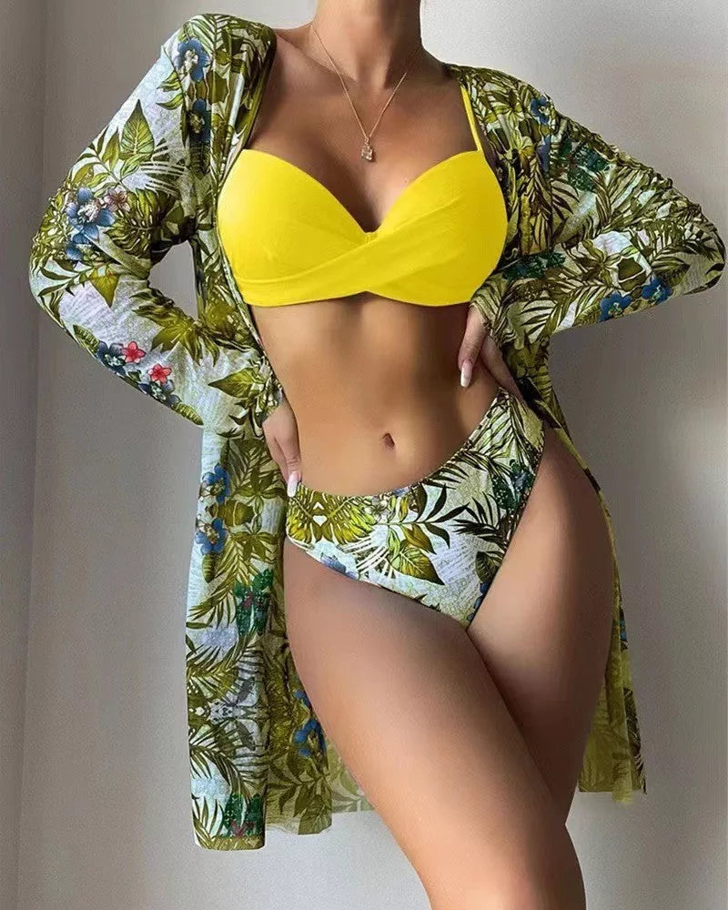 European and American three-piece swimsuit set in polyester for swimming and wading