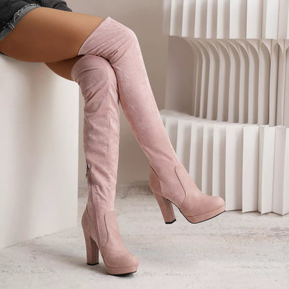 Women's elastic suede over-the-knee boots with high square heel in black and pink