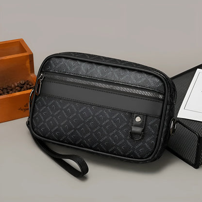 Men's black geometric pattern PU leather messenger bag with handheld horizontal design