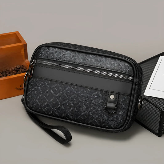 Men's black geometric pattern PU leather messenger bag with handheld horizontal design