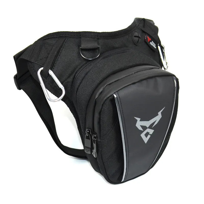 Red motorcycle leg bag made of 1200D Oxford cloth with adjustable straps for crossbody, shoulder, or waist wear.