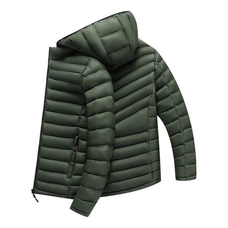 Men's lightweight hooded down cotton-padded jacket in solid colour with detachable collar and zipper pockets