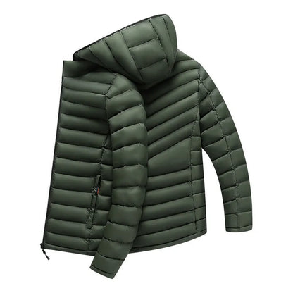 Men's lightweight hooded down cotton-padded jacket in solid colour with detachable collar and zipper pockets