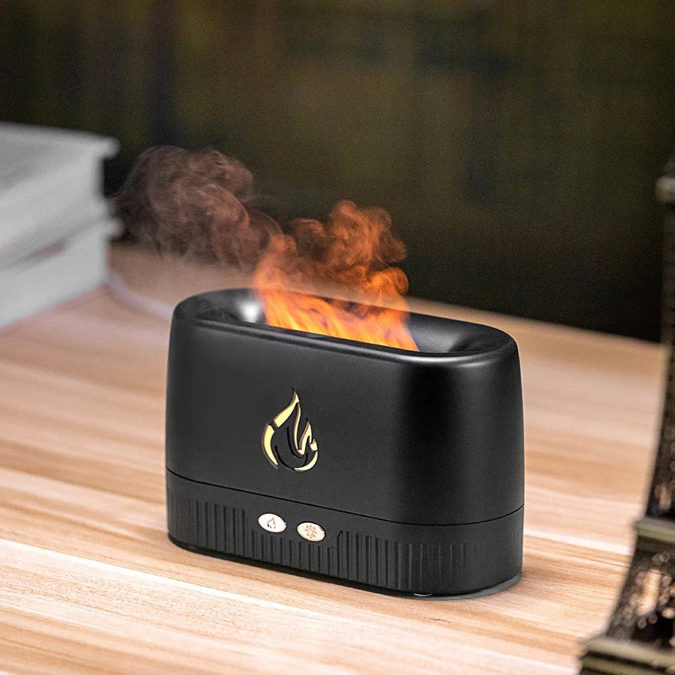 White flame humidifier aroma diffuser measuring 171mm tall with 230ml water tank capacity on wooden surface