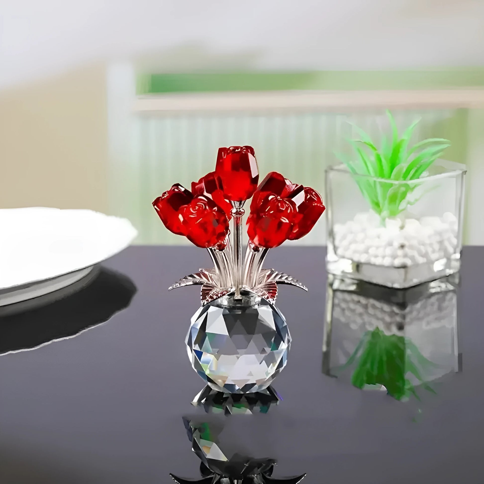 K9 crystal glass rose ornament in a geometric shape with a Chinese style, shown in one of seven available colours.