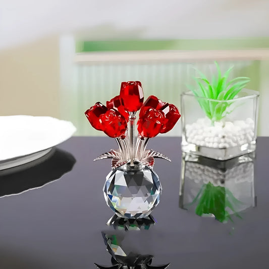 K9 crystal glass rose ornament in a geometric shape with a Chinese style, shown in one of seven available colours.