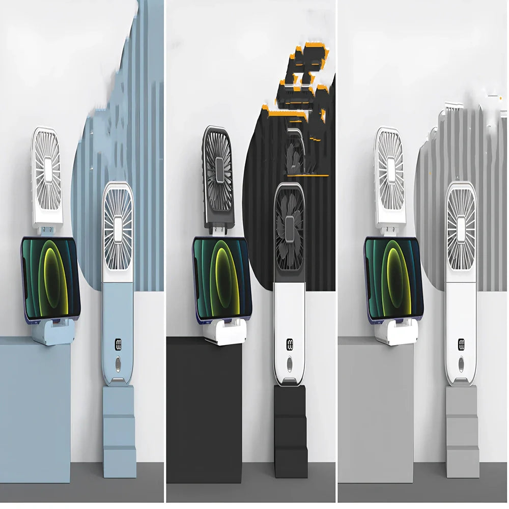 F30Pro folding portable handheld fan in white with digital display, 169x81x20mm size, USB charging, plastic blades for cooling