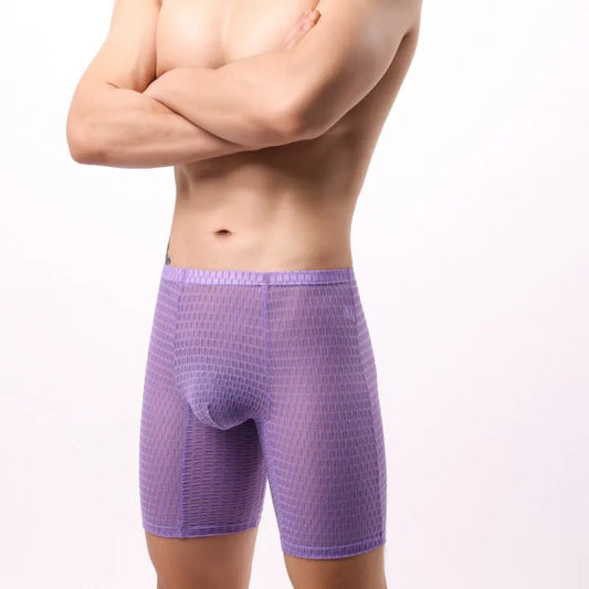 Lace men's boxers in lengthened cut with mid waist design, available in five colours including rose red and green.