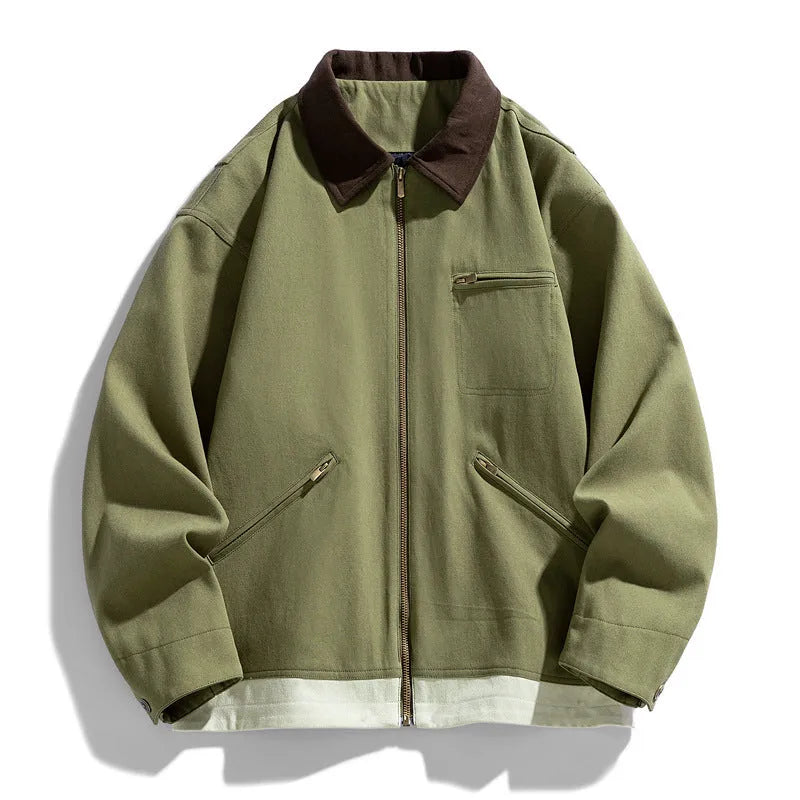 Korean-style loose fit couple jacket with contrast colour lapels and side seam pockets in polyester fabric