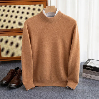 Men's half-collar wool sweater in loose fit with rough yarn texture, shown in winter business style
