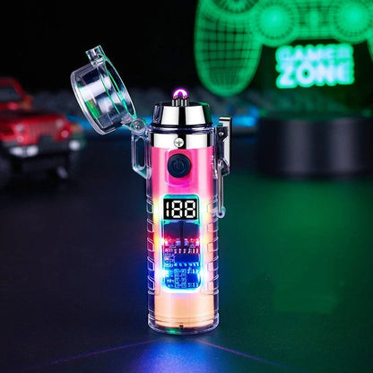 Transparent shell dual arc USB charging lighter with waterproof LED light in various colors