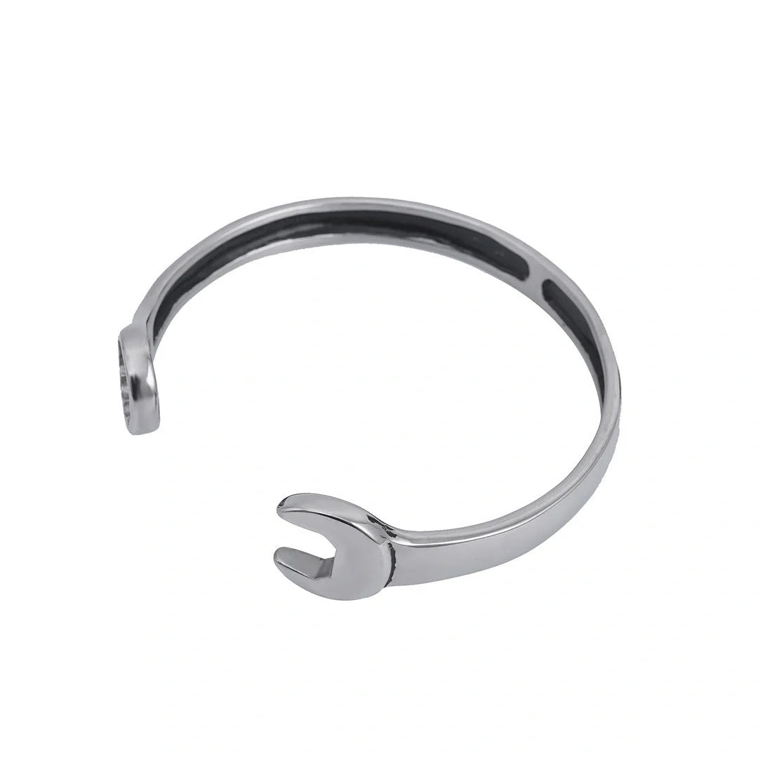Sleek stainless steel personalized wrench bracelet with adjustable clasp, showcasing industrial-chic style
