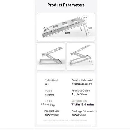 Silver aluminium alloy folding laptop cooling rack on a wooden desk