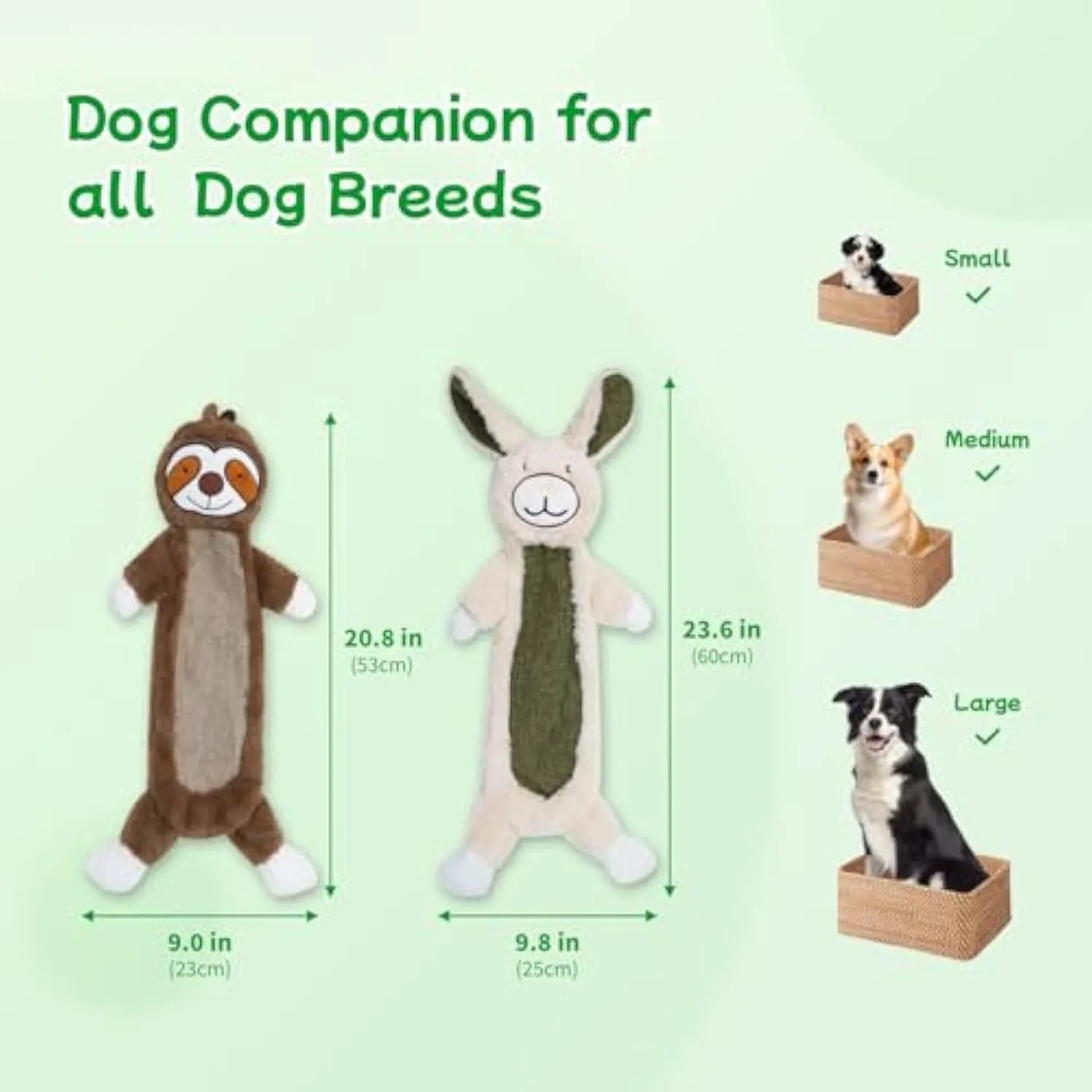 No stuffing crinkle dog toys showing rabbit and sloth plush designs for interactive canine play