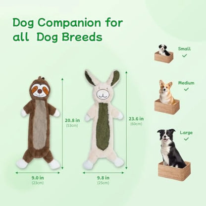 No stuffing crinkle dog toys showing rabbit and sloth plush designs for interactive canine play