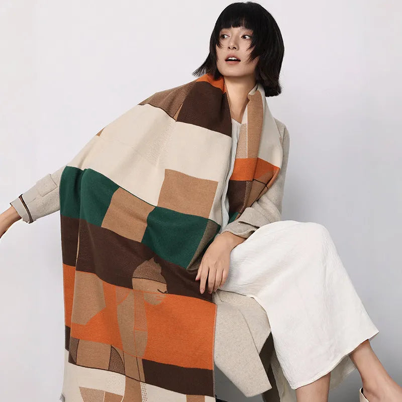 Imitation cashmere scarf in European American style showing 185x65cm dimensions and available colour options