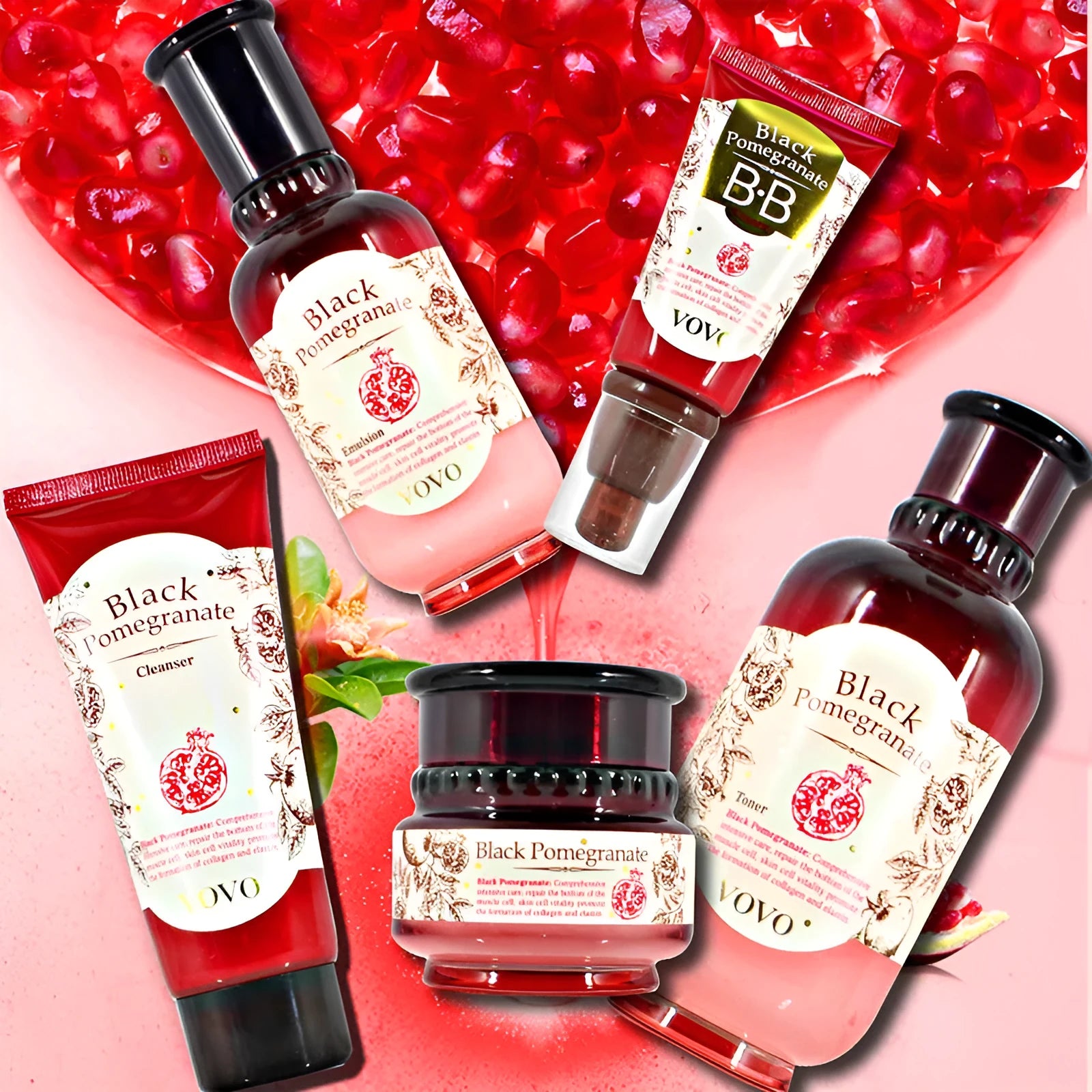 Six-product pomegranate skin care set including cleanser, cream, essence, eye cream, milk and water bottles