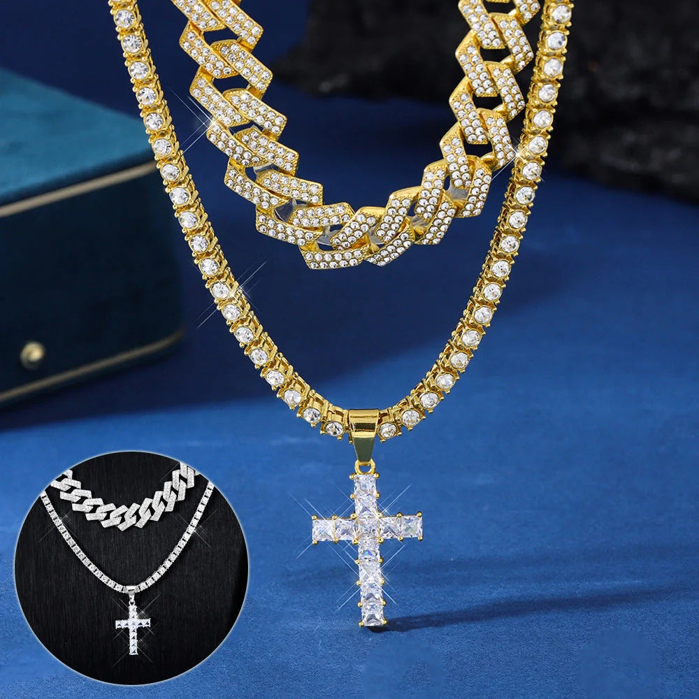 Zircon cross pendant necklace with Miami curb Cuban chain in gold and silver