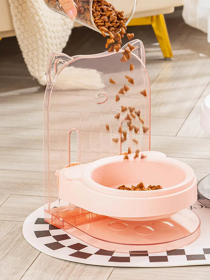 Grey adjustable height cat feeding bowl with removable cat ears and anti-spill barrier